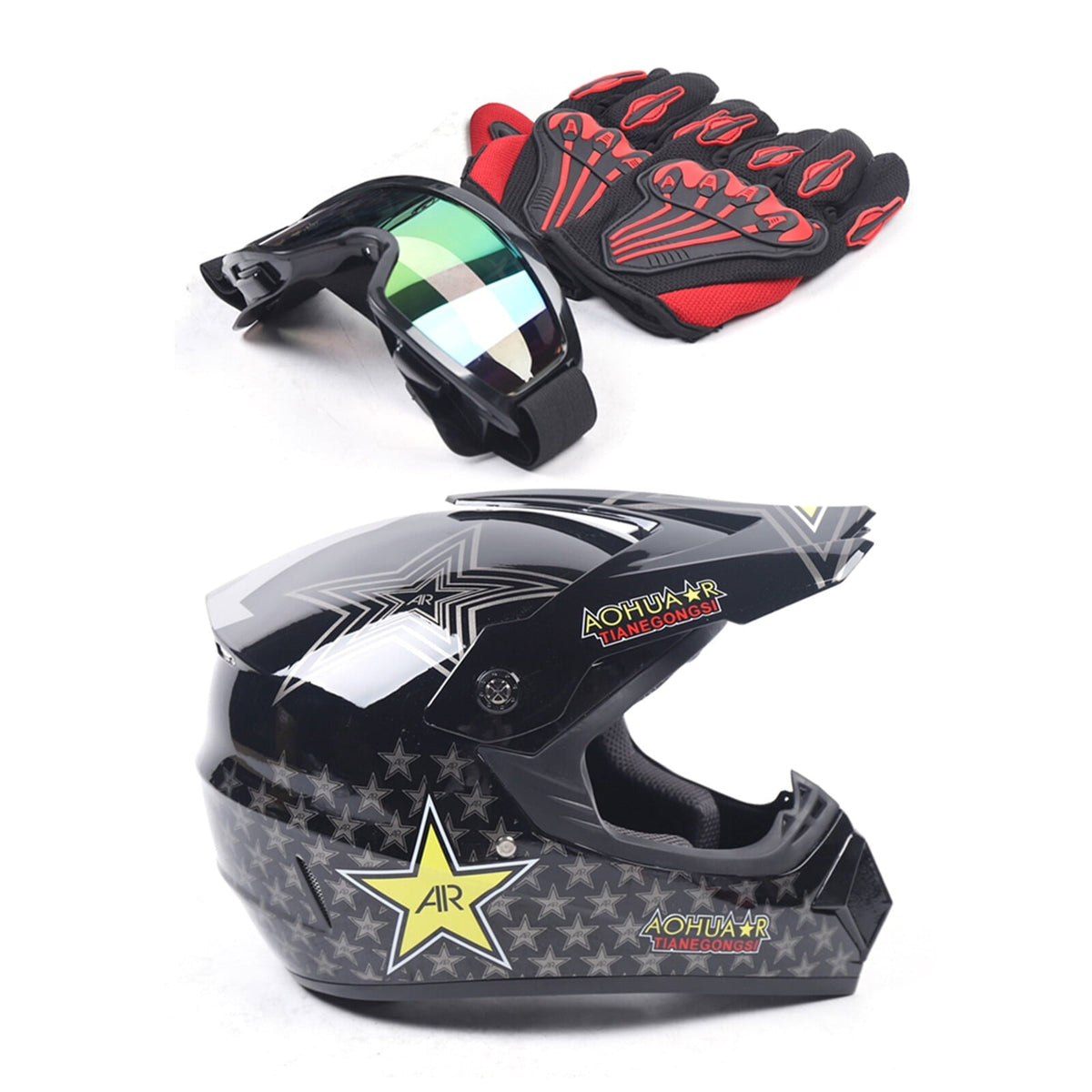 DOT Certified Motocross Helmet Set, Full-Face Off-Road ATV MX BMX Dirt Bike Helmet, Includes Goggles & Gloves, Impact Resistant, Ventilated, Unisex, M Size