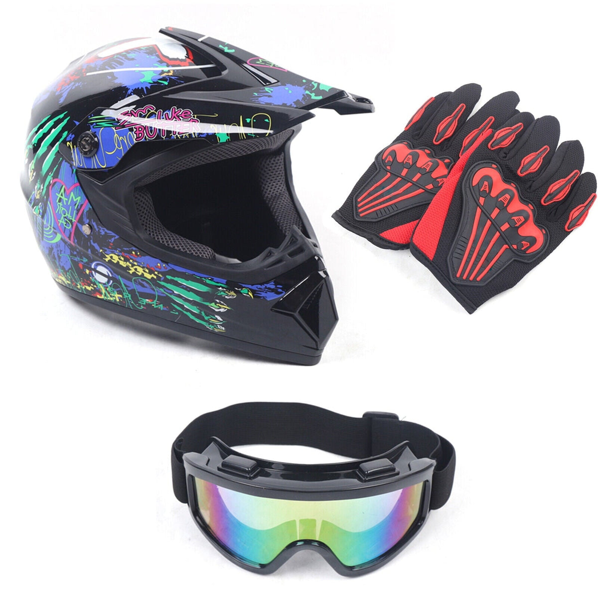 Youth Offroad Gear Combo Black ABS Plastic Matte Motocross Impact Resistant Helmet
