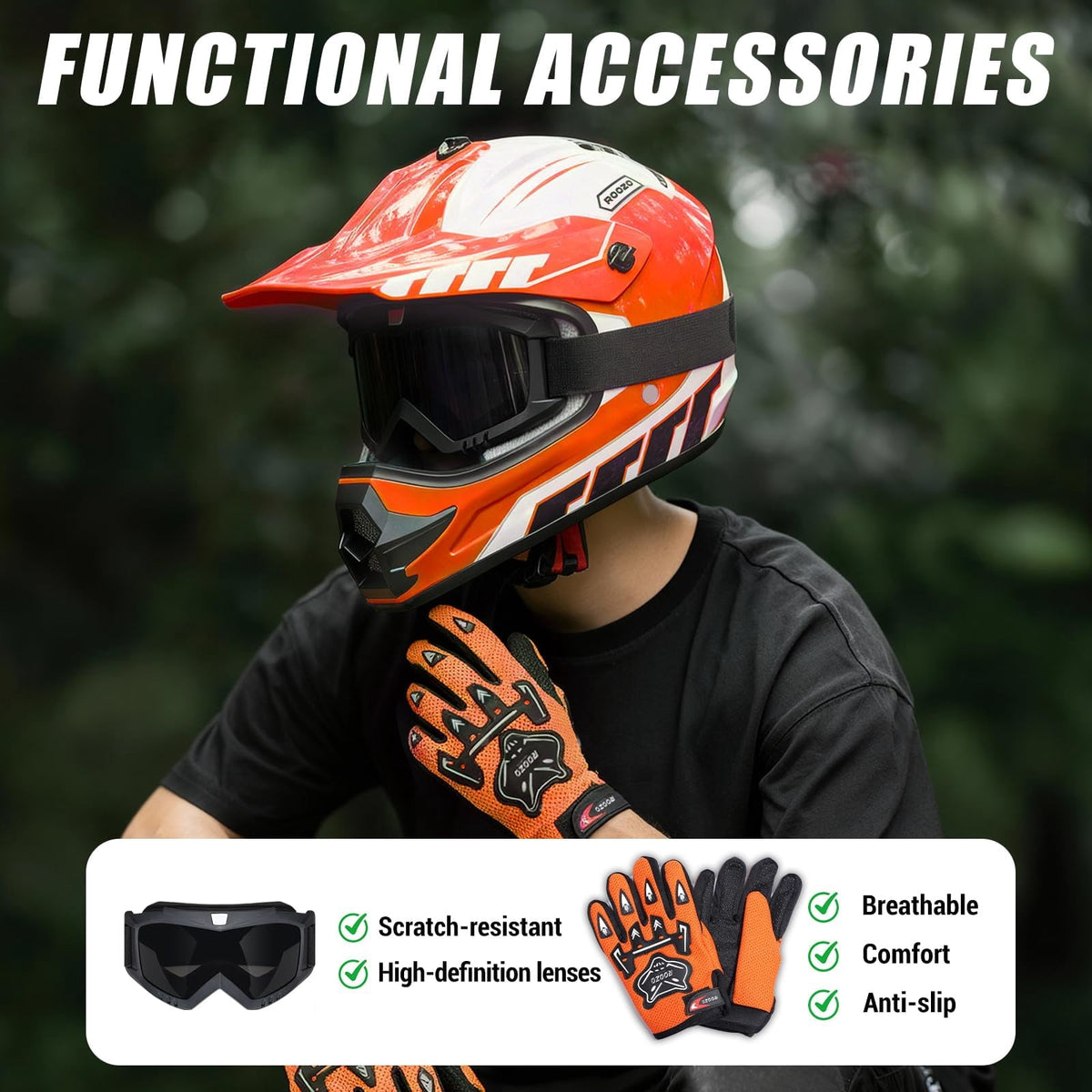 ROOZO Youth Dirt Bike Helmet â€?DOT Certified Full Face Motorcycle Helmet with Goggles & Gloves