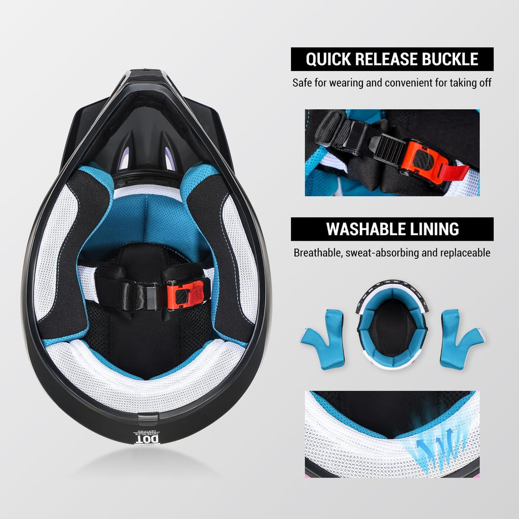 Youth Dirt Bike Helmet DOT Certified - Full Face Motorcycle Helmet for Off-Road, ATV, Street Riding, Includes Adjustable Goggles & Protective Gloves