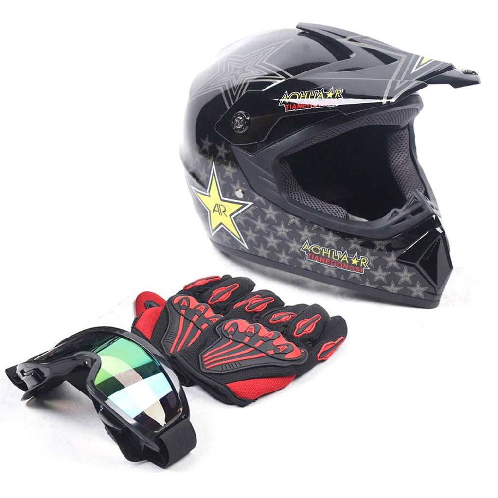 DOT Certified Motocross Helmet Set, Full-Face Off-Road ATV MX BMX Dirt Bike Helmet, Includes Goggles & Gloves, Impact Resistant, Ventilated, Unisex, M Size